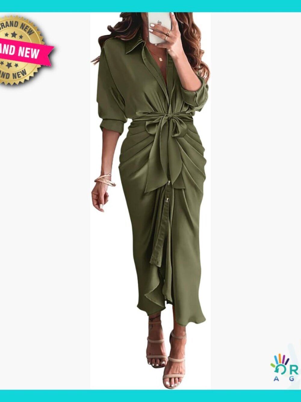 Long Sleeve V Neck Satin Shirt Dress Elegant Belted Ruched Maxi Spring